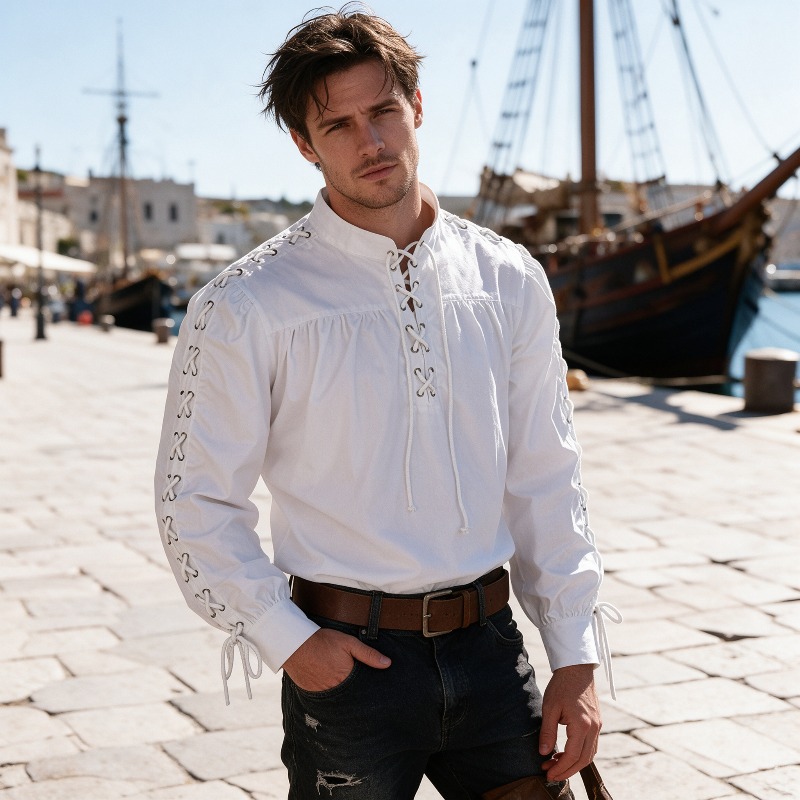 Medieval Gothic Lace Up Pirate Shirt - Мужская средневековая рубашка с шнуровкой в