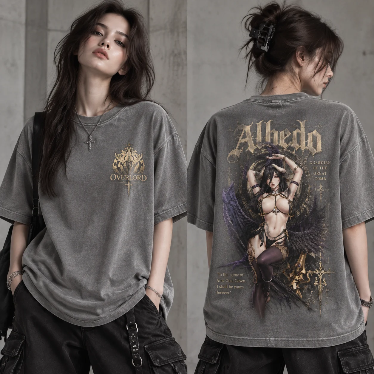 Acid Wash Vintage Graphic T Shirt - Футболка с графическим принтом Albedo Overlord,