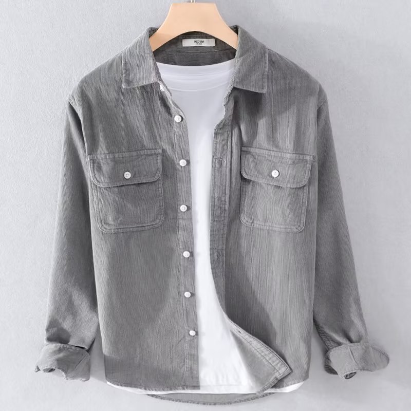 Corduroy Button Up Shirt Men - Мужская рубашка из вельвета, однотонная, с